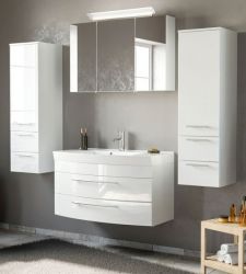 Badezimmer Badmöbel Set Luna in weiß Hochglanz 6-teilig inkl. Waschbecken und LED 200 x 190 cm