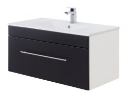 Badezimmer Waschbeckenunterschrank Viva in schwarz Seidenglanz und weiß inkl. Waschbecken hängend 100 x 48 cm