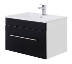 Badezimmer Waschbeckenunterschrank Viva in schwarz Seidenglanz und weiß inkl. Waschbecken hängend 75 x 48 cm