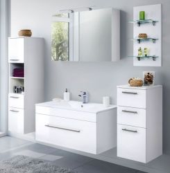 Badezimmer Badmöbel Set Viva in weiß Hochglanz 8-teilig inkl. Waschbecken und LED 200 x 190 cm