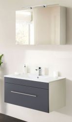 Badezimmer Badmöbel Set Viva in anthrazit Seidenglanz und weiß 4-teilig inkl. Waschbecken und LED 100 x 190 cm