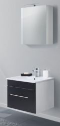 Badezimmer Badmöbel Set Viva in schwarz Seidenglanz und weiß 4-teilig inkl. Waschbecken und LED 60 x 190 cm