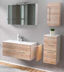 Badezimmer Badmöbel Set Viva in Sonoma Eiche hell und weiß 6-teilig inkl. Waschbecken und LED 150 x 190 cm