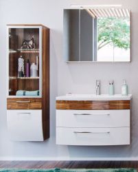 Badezimmer Badmöbel Set Rima in Walnuss und weiß Hochglanz 5-teilig inkl. Waschbecken und LED 137 x 190 cm