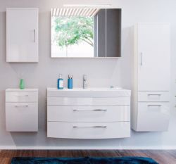 Badezimmer Badmöbel Set Rima in weiß Hochglanz 7-teilig inkl. Waschbecken und LED 210 x 190 cm