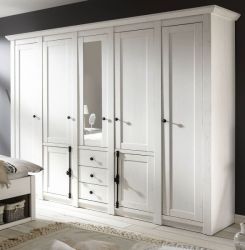 Kleiderschrank Hooge in Pinie weiß Landhaus Drehtürenschrank 7-türig mit Spiegel 236 x 206 cm Kleiderschrank Hooge in Pinie weiß Landhaus Drehtürenschrank 7-türig mit Spiegel 236 x 206 cm