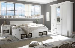 Schlafzimmer komplett Hooge in Pinie weiß Landhaus Set mit Doppelbett, Kleiderschrank und Nachttisch