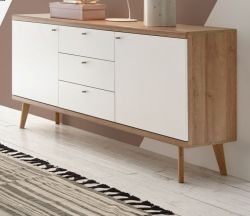 Sideboard Helge in weiß und Eiche Riviera Kommode skandinavisch 160 x 83 cm Sideboard Helge in weiß und Eiche Riviera Kommode skandinavisch 160 x 83 cm