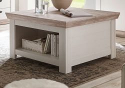 Couchtisch Rovola in Pinie weiß / Oslo Pinie Landhaus Beistelltisch mit Truhe und Ablage 86 x 86 cm quadratisch Couchtisch Rovola in Pinie weiß / Oslo Pinie Landhaus Beistelltisch mit Truhe und Ablage 86 x 86 cm quadratisch