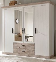 Kleiderschrank Rovola in Pinie weiß / Oslo Pinie Landhaus Drehtürenschrank 4-türig mit Spiegel 217 x 201 cm Kleiderschrank Rovola in Pinie weiß / Oslo Pinie Landhaus Drehtürenschrank 4-türig mit Spiegel 217 x 201 cm