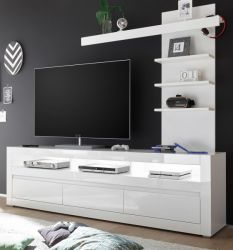 Wohnwand 2-tlg. Nobile in Hochglanz weiß und Stone Design grau TV-Lowboard und Wandregal 217 x 163 cm