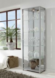 Eckvitrine in silber 1-türig mit Spiegelrückwand und LED Glasvitrine 71 x 172 cm