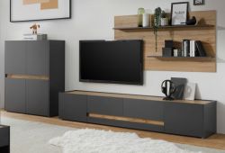 Wohnwand Center in grau matt und Wotan Eiche 3-teilig 343 x 180 cm mit XL-TV-Schrank Wohnwand Center in grau matt und Wotan Eiche 3-teilig 343 x 180 cm mit XL-TV-Schrank