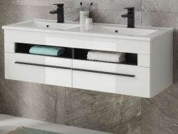 Doppelwaschtisch Design-D in weiß Hochglanz Waschtisch Set hängend inkl. Doppelwaschbecken 120 x 43 cm