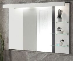 Badezimmer Spiegel Design-D in weiß Hochglanz und schwarz Badspiegel mit Ablage und LED Beleuchtung 120 x 85 cm
