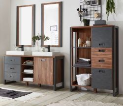 Badmöbel Set 6-teilig Auburn in Eiche Stirling und Matera grau Doppelwaschtisch inkl. 2 x Waschbecken 248 x 205 cm Badkombination Badmöbel Set 6-teilig Auburn in Eiche Stirling und Matera grau Doppelwaschtisch inkl. 2 x Waschbecken 248 x 205 cm Badkombination