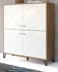 Highboard Touch in weiß matt mit Rautenoptik und Eiche Artisan Anrichte 123 x 136 cm Highboard Touch in weiß matt mit Rautenoptik und Eiche Artisan Anrichte 123 x 136 cm