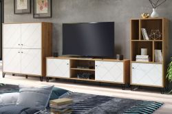 Wohnwand Touch in wei matt mit Rautenoptik und Eiche Schrankwand 3-teilig 399 x 136 cm, Soft-Close