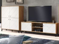 Wohnwand Touch in wei matt mit Rautenoptik und Eiche Artisan, Set 2-teilig 320 x 136 cm mit Soft-Close