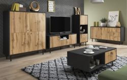 Wohnzimmer komplett Set mit Wohnwand Sideboard und Couchtisch Konya in Wotan Eiche und schwarz matt
