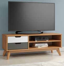 TV-Lowboard Scandik in Massivholz Kiefer honigfarben lackiert mit weiß und grau TV Unterteil 110 x 42 cm