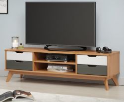 TV-Lowboard Scandik in Massivholz Kiefer honigfarben lackiert mit weiß und grau TV Unterteil 140 x 42 cm