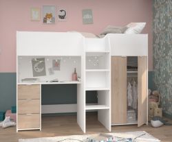Parisot Hochbett Tom in weiß und Jackson Eiche Jugendzimmer Bett mit Schreibtisch und Kleiderschrank