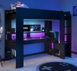 Hochbett Online in schwarz Gaming Jugendzimmer Bett mit Schreibtisch inkl. LED Beleuchtung mit Farbwechsel