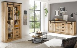 Wohn- und Esszimmer Set Stove in Used Wood hell und anthrazit Wohnkombination 2-teilig mit Vitrine und Sideboard Wohn- und Esszimmer Set Stove in Used Wood hell und anthrazit Wohnkombination 2-teilig mit Vitrine und Sideboard