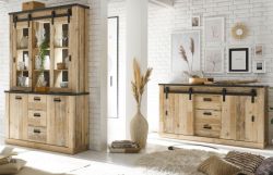 Wohn- und Esszimmer Set Stove in Used Wood hell und anthrazit Wohnkombination 2-teilig mit Buffetschrank und Sideboard Wohn- und Esszimmer Set Stove in Used Wood hell und anthrazit Wohnkombination 2-teilig mit Buffetschrank und Sideboard