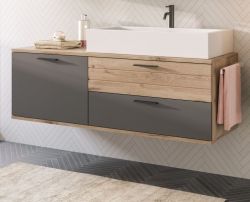 Waschtisch Set Tomaso in Nox Eiche und Basalt grau Komplett-Set mit Waschbecken 140 cm, Soft-Close Waschtisch Set Tomaso in Nox Eiche und Basalt grau Komplett-Set mit Waschbecken 140 cm, Soft-Close