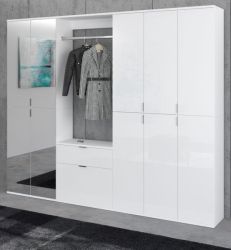 Garderobe SystemX in weiß Hochglanz, mit Spiegel und variabler Inneneinteilung 213 x 193 cm Garderobe SystemX in weiß Hochglanz, mit Spiegel und variabler Inneneinteilung 213 x 193 cm