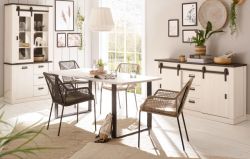 Esszimmer Set Stove in weiß Pinie und anthrazit Landhaus Speisezimmer 3-teilig mit Esstisch, Vitrine und Sideboard Esszimmer Set Stove in weiß Pinie und anthrazit Landhaus Speisezimmer 3-teilig mit Esstisch, Vitrine und Sideboard