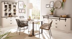 Esszimmer Set Stove in weiß Pinie und anthrazit Landhaus Speisezimmer 3-teilig mit Buffetschrank, Esstisch und Sideboard