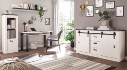Büromöbel komplett Set Stove in weiß Pinie und anthrazit Landhaus mit Aktenregal, Kommode und Wandregal