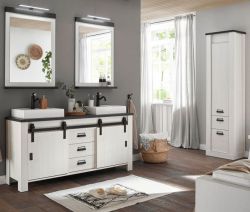 Badmöbel Set Stove in weiß Pinie und anthrazit Landhaus Doppelwaschtisch MIT Waschbecken und LED Spiegellampe Badmöbel Set Stove in weiß Pinie und anthrazit Landhaus Doppelwaschtisch MIT Waschbecken und LED Spiegellampe
