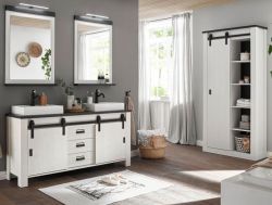 Badmöbel Set Stove in weiß Pinie und anthrazit Landhaus Doppelwaschtisch MIT Waschbecken und LED Spiegellampe Badmöbel Set Stove in weiß Pinie und anthrazit Landhaus Doppelwaschtisch MIT Waschbecken und LED Spiegellampe