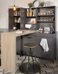Parisot Küche Moove3 in grau und Eiche hell Küchenschrank Set 4-tlg. mit Küchentheke, Bar und Küchenregal