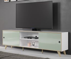 TV-Lowboard Adelaide in weiß und grün Hochglanz Lack TV Unterteil aus Italien in Komforthöhe 216 x 63 cm