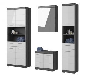 Badmöbel Set 4-teilig Shawn in weiß Hochglanz und Rauchsilber grau Badkombination 186 x 191 cm Badmöbel Set 4-teilig Shawn in weiß Hochglanz und Rauchsilber grau Badkombination 186 x 191 cm