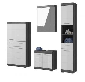 Badmöbel Set 4-teilig Shawn in weiß Hochglanz und Rauchsilber grau Badkombination 186 x 191 cm Badmöbel Set 4-teilig Shawn in weiß Hochglanz und Rauchsilber grau Badkombination 186 x 191 cm