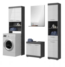 Badmöbel Set 4-teilig Shawn in weiß Hochglanz und Rauchsilber grau Badkombination 190 x 191 cm Badmöbel Set 4-teilig Shawn in weiß Hochglanz und Rauchsilber grau Badkombination 190 x 191 cm