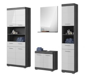 Badmöbel Set 4-teilig Shawn in weiß Hochglanz und Rauchsilber grau Badkombination 186 x 191 cm Badmöbel Set 4-teilig Shawn in weiß Hochglanz und Rauchsilber grau Badkombination 186 x 191 cm