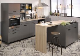 Parisot Küche Moove1 in grau und Eiche hell Küchenschrank Set 7-tlg. mit Küchentheke, Bar und Küchenregal
