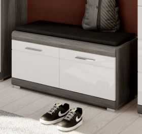 Garderobe Sitzbank Shawn in weiß Hochglanz und Rauchsilber grau Garderobenbank 90 x 44 cm Garderobe Sitzbank Shawn in weiß Hochglanz und Rauchsilber grau Garderobenbank 90 x 44 cm