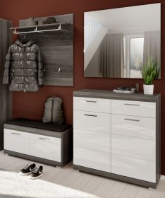 Garderobe Set 4-teilig Shawn in wei Hochglanz und Rauchsilber grau Garderobenkombination 195 x 197 cm
