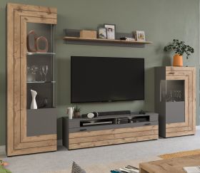 Wohnwand Freno in Nox Eiche und Basalt grau matt Wohnkombination 4-teilig mit LED Beleuchtung 290 x 194 cm