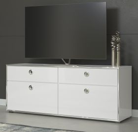 TV-Lowboard Infinity in weiß Hochglanz Lack aus Italien TV Unterteil mit Chromrahmen 147 x 60 cm