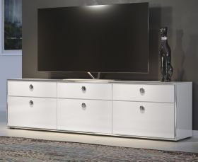 TV-Lowboard Infinity in weiß Hochglanz Lack aus Italien TV Unterteil mit Chromrahmen 220 x 60 cm