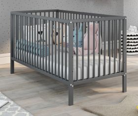 Babyzimmer Babybett Universal in Massivholz grau matt Lack Gitterbett mit Schlupfsprossen und Lattenrost Liegefläche 70 x 140 cm
